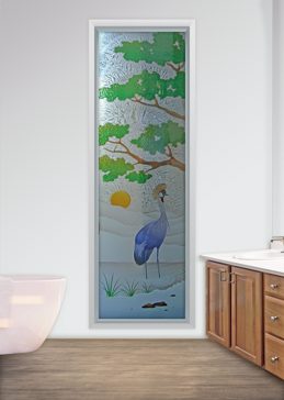 Handcrafted Etched Glass Window by Sans Soucie Art Glass with Custom African Design Called African Crane Creating Semi-Private