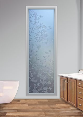 Window with a sandblast Frosted Glass Floral Design Custom-Designed Decorative Etched Glass