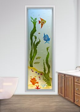 Handmade Sandblasted Frosted Glass Window for Private Featuring a Oceanic Design Aquarium Fish by Sans Soucie
