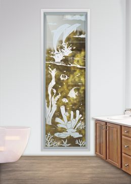 Handcrafted Etched Glass Window by Sans Soucie Art Glass with Custom Oceanic Design Called Aquarium Dolphins Creating Not Private