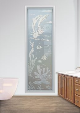 Handcrafted Etched Glass Window by Sans Soucie Art Glass with Custom Oceanic Design Called Aquarium Dolphins Creating Private