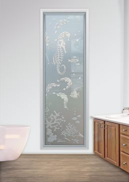 Private Window with Sandblast Etched Glass Art by Sans Soucie Featuring Aquarium Seahorse Oceanic Design