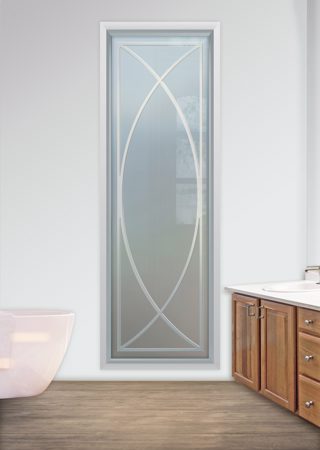 Window showcasing a Frosted Glass Geometric Design with Sandblast Etched Glass Art by Sans Soucie Arcs Design