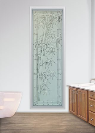 Window featuring Frosted Glass Design Etched Glass by Sans Soucie Art Glass with Custom Asian Design Bamboo Shoots Bordered