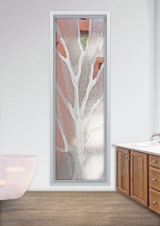 Window showcasing a Frosted Glass Tree Design with Sandblast Etched Glass Art by Sans Soucie Barren Branches Design