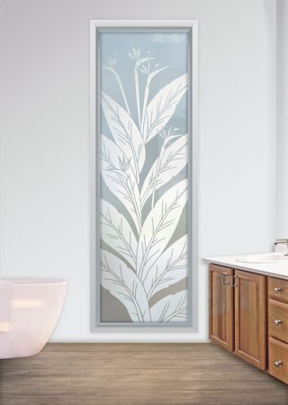 Window featuring a Frosted Glass Tropical Design Sandblast Etched Glass Bird of Paradise Design by Sans Soucie