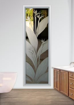 Handmade Sandblasted Frosted Glass Window for Semi-Private Featuring a Tropical Design Bird of Paradise by Sans Soucie