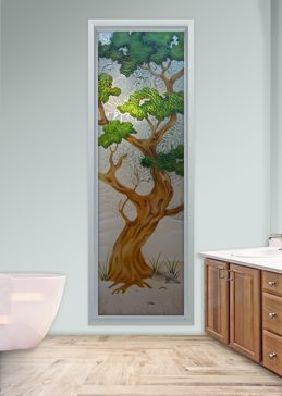 Art Glass Window Featuring Sandblast Frosted Glass by Sans Soucie for Semi-Private with Asian Bonsai Design