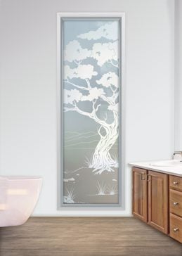 Art Glass Window Featuring Sandblast Frosted Glass by Sans Soucie for Private with Asian Bonsai II Design
