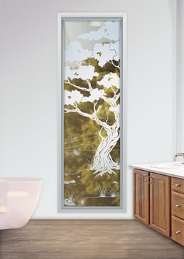 Art Glass Window Featuring Sandblast Frosted Glass by Sans Soucie for Not Private with Asian Bonsai II Design
