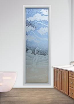 Semi-Private Window with Sandblast Etched Glass Art by Sans Soucie Featuring Bonsai Egret Asian Design