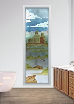 Window with a Frosted Glass California Xavier Mission Landscapes Design for Private by Sans Soucie Art Glass