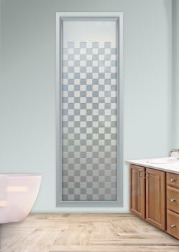 Handmade Sandblasted Frosted Glass Window for Private Featuring a Geometric Design Checkerboard by Sans Soucie