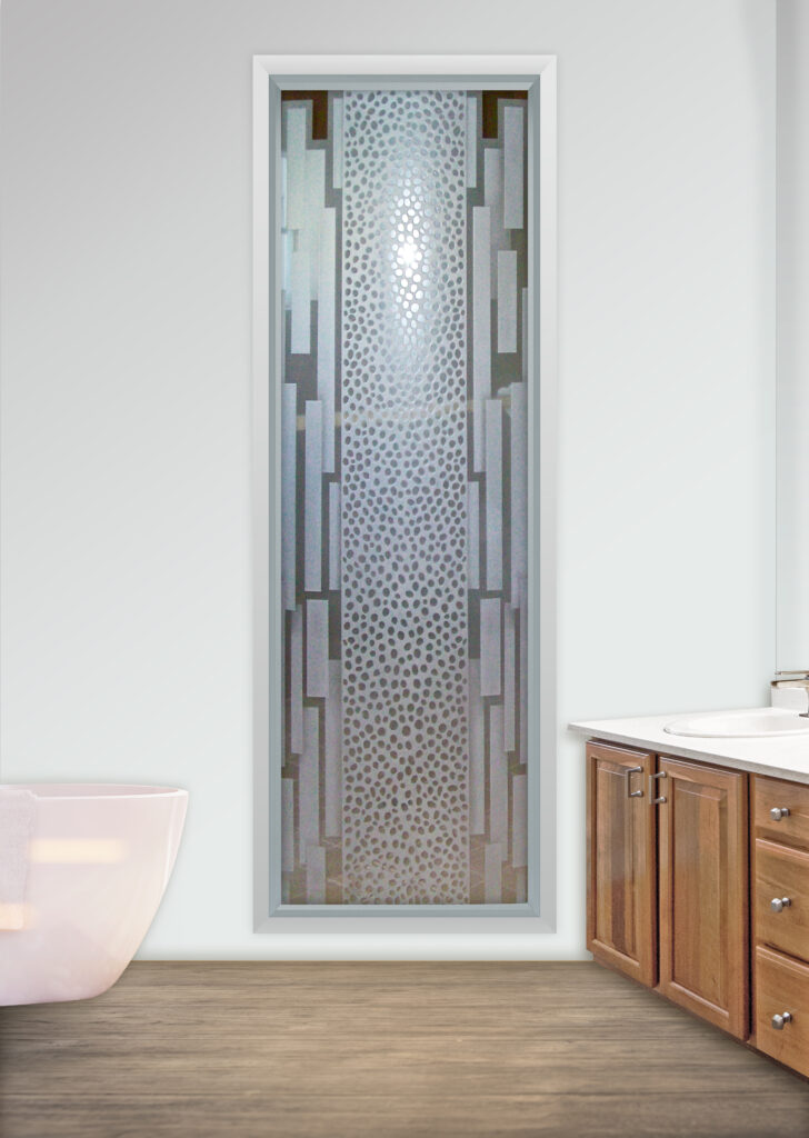 Carved glass window with geometric and textured etched design, decorative privacy glass with modern pattern and light diffusion