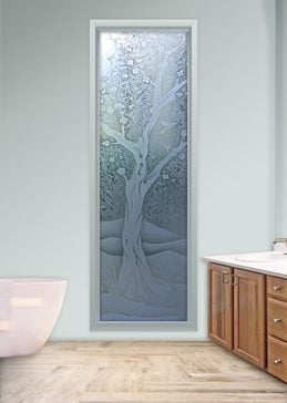 Handcrafted Etched Glass Window by Sans Soucie Art Glass with Custom Asian Design Called Cherry Blossom III Creating Semi-Private