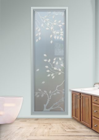 Window showcasing a Frosted Glass Asian Design with Sandblast Etched Glass Art by Sans Soucie Cherry Tree Design