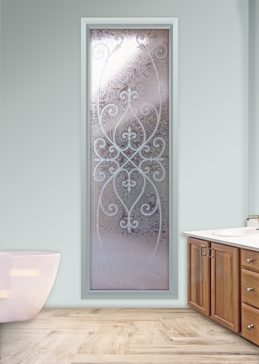 Art Glass Window Featuring Sandblast Frosted Glass by Sans Soucie for Semi-Private with Wrought Iron Corazones Design