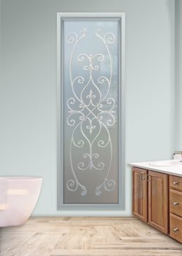 Art Glass Window Featuring Sandblast Frosted Glass by Sans Soucie for Private with Wrought Iron Corazones Design