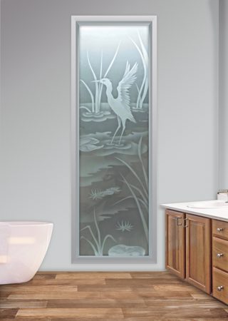 Window showcasing a Frosted Glass Wildlife Design with Sandblast Etched Glass Art by Sans Soucie Cranes A Design