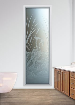 Window showcasing a Frosted Glass Wildlife Design with Sandblast Etched Glass Art by Sans Soucie Cranes & Cattails Design