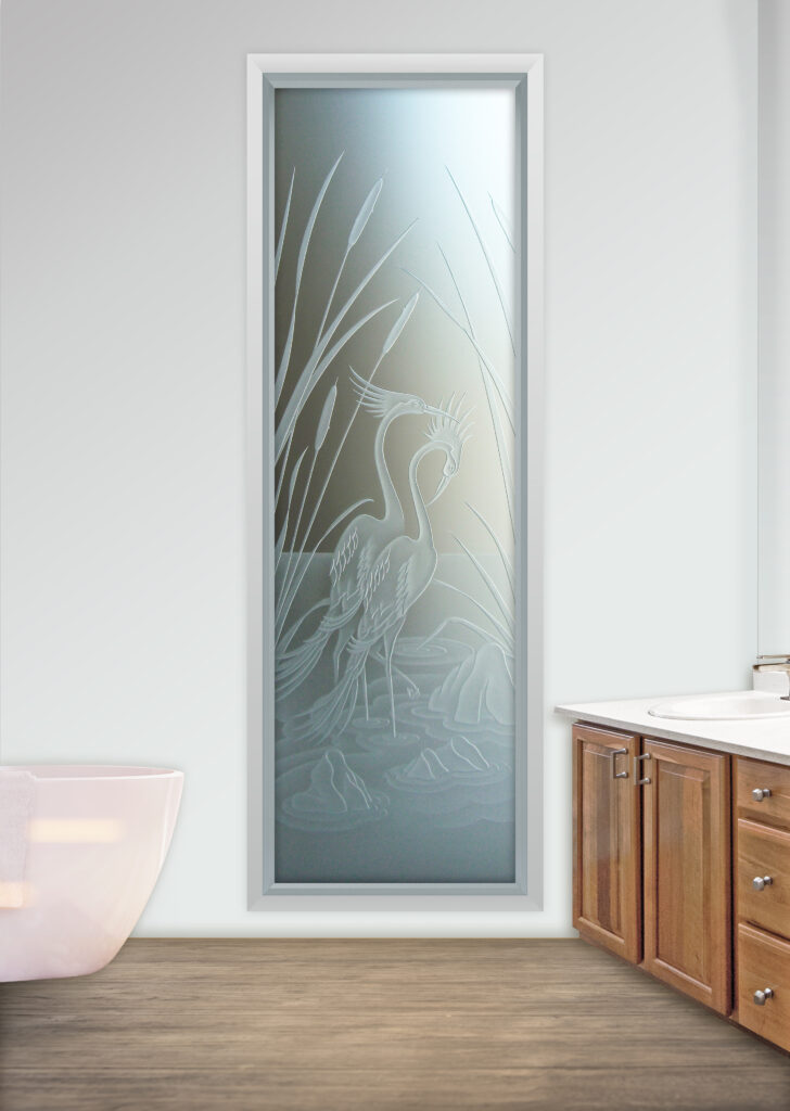 3D carved etched glass wildlife scene window with cranes and cattails, detailed frosted glass providing privacy with layered depth