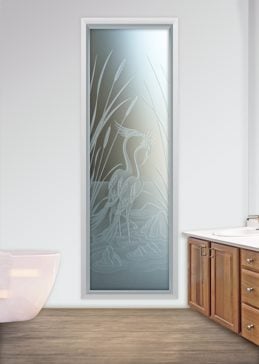 Private Window with Sandblast Etched Glass Art by Sans Soucie Featuring Cranes & Cattails Wildlife Design
