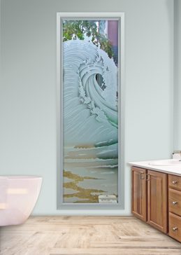 Art Glass Window Featuring Sandblast Frosted Glass by Sans Soucie for Semi-Private with Oceanic Curl Design