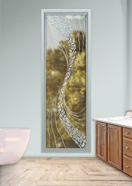 Art Glass Window Featuring Sandblast Frosted Glass by Sans Soucie for Semi-Private with Abstract Cyclone Design