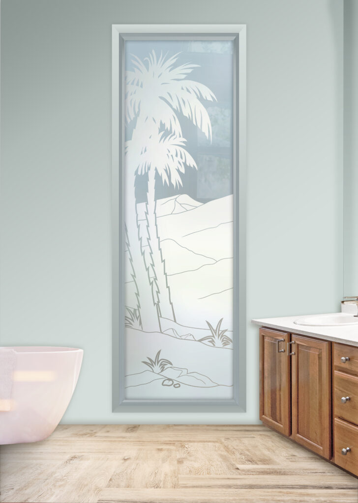 Private frosted glass window with 1D etched palm tree design