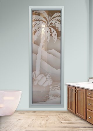 Window with a sandblast Frosted Glass Palm Trees Design Custom-Designed Decorative Etched Glass