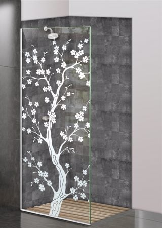 Shower Partition with Frosted Glass Asian Delicate Cherry Blossom Design by Sans Soucie