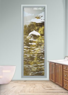 Handcrafted Etched Glass Window by Sans Soucie Art Glass with Custom Oceanic Design Called Dolphins in the Shimmer Creating Not Private