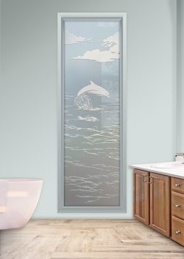 Handcrafted Etched Glass Window by Sans Soucie Art Glass with Custom Oceanic Design Called Dolphins in the Shimmer Creating Private