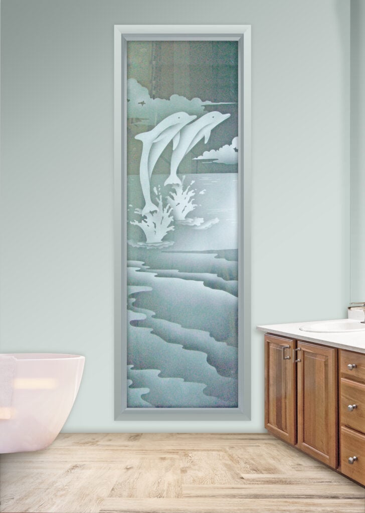frosted glass window dolphins leaping sans soucie art glass
