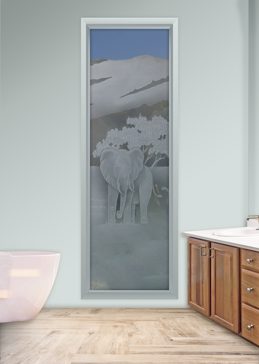 Semi-Private Window with Sandblast Etched Glass Art by Sans Soucie Featuring Elephants in the Wild African Design