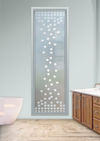 Window showcasing a Frosted Glass Geometric Design with Sandblast Etched Glass Art by Sans Soucie Falling Squares Design
