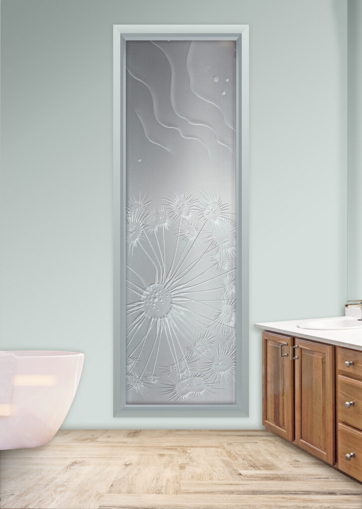 Frosted glass bathroom window with carved fan coral floral design
