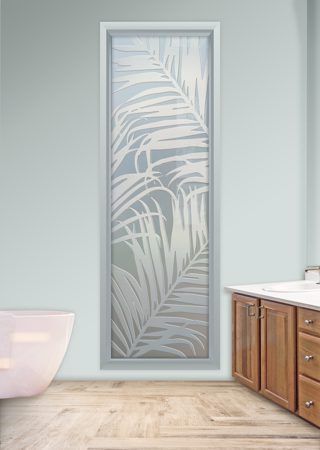 Window featuring a Frosted Glass Tropical Design Sandblast Etched Glass Fern Leaves Design by Sans Soucie