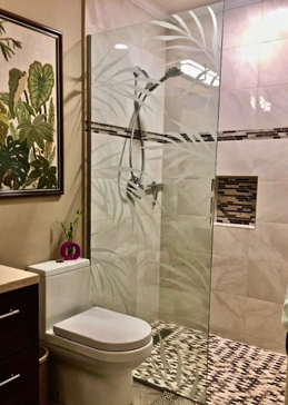 Custom-Designed Decorative Shower Panel with Sandblast Etched Glass by Sans Soucie Art Glass Handcrafted by Glass Artists