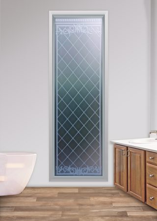 Window featuring a Frosted Glass Traditional Design Sandblast Etched Glass Filigree Lattice Design by Sans Soucie