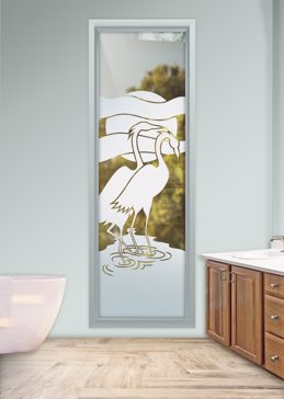 Handcrafted Etched Glass Window by Sans Soucie Art Glass with Custom Tropical Design Called Flamingos Creating Not Private