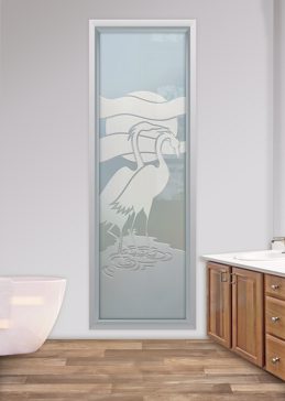 Handcrafted Etched Glass Window by Sans Soucie Art Glass with Custom Tropical Design Called Flamingos Creating Private