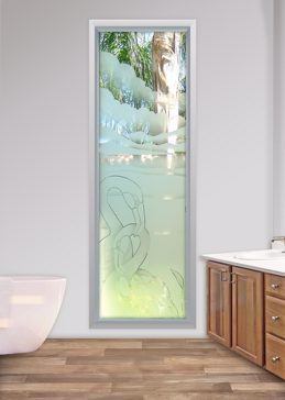 Art Glass Window Featuring Sandblast Frosted Glass by Sans Soucie for Semi-Private with Tropical Flamingos Nesting Design