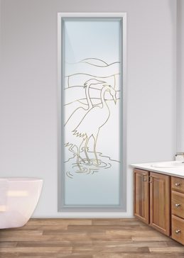 Handcrafted Etched Glass Window by Sans Soucie Art Glass with Custom Tropical Design Called Flamingos Creating Semi-Private