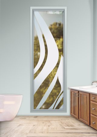 Window featuring a Frosted Glass Abstract Design Sandblast Etched Glass Flow Design by Sans Soucie