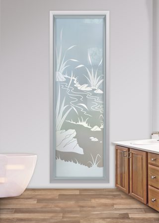 Window featuring Frosted Glass Design Etched Glass by Sans Soucie Art Glass with Custom Foliage Design Flowing Streams