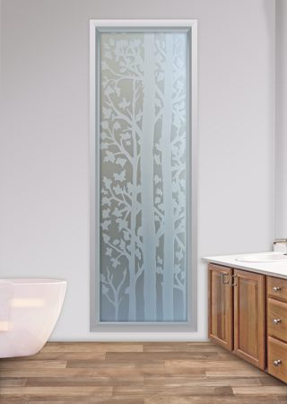 Window showcasing a Frosted Glass Tree Design with Sandblast Etched Glass Art by Sans Soucie Forest Trees Design