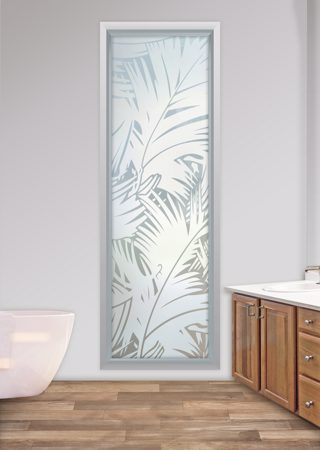 Window featuring a Frosted Glass Tropical Design Sandblast Etched Glass Fronds Design by Sans Soucie