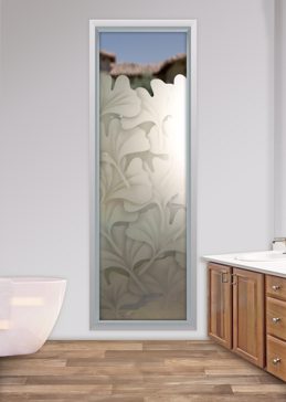 Art Glass Window Featuring Sandblast Frosted Glass by Sans Soucie for Semi-Private with Asian Ginkgo Design