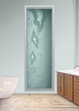 Window showcasing a Frosted Glass Abstract Design with Sandblast Etched Glass Art by Sans Soucie Glacier Design